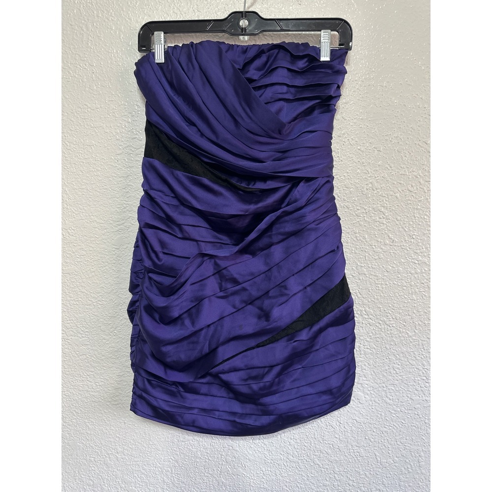 NWOT Express Purple Satin Ruffle Strapless Mini Dress with Black Lace Size 4